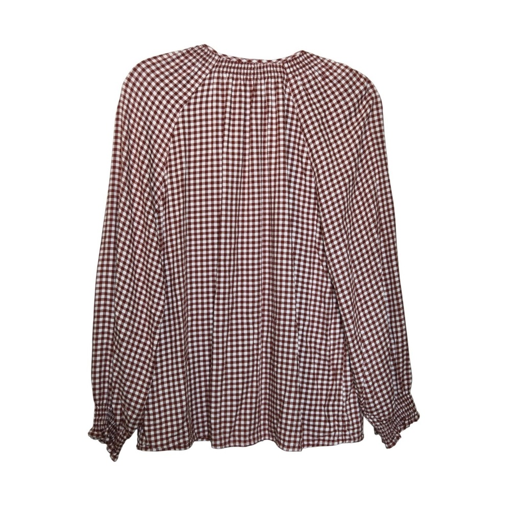 Market & Spruce Womens XL Red Brown Gingham Button Front Blouse Smocked Cuff - Picture 2 of 8